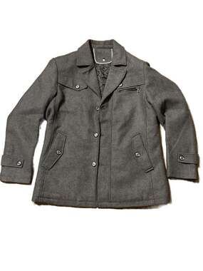 Men's Gray Herringbone Wool Blend Quilted Lined Pea Coat Size L